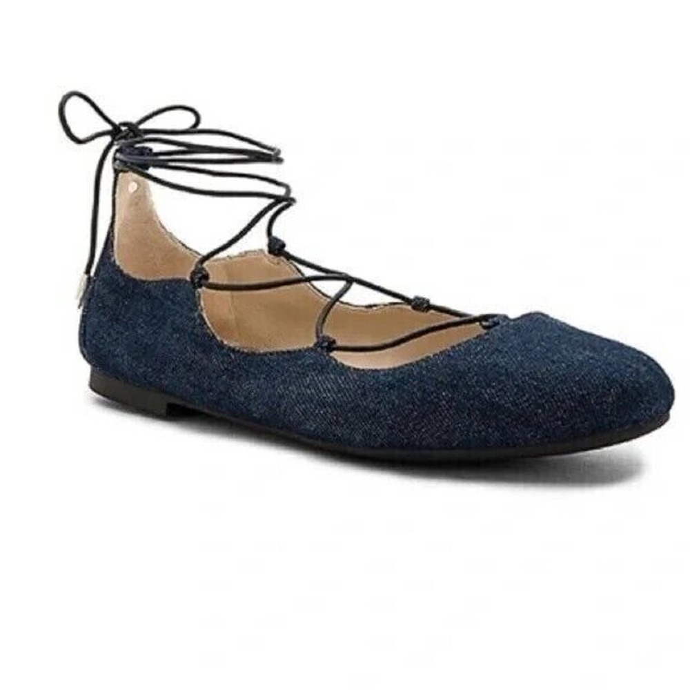 Sam Edelman Flynt Cage Ballet Sandal Blue Denim Jean Lace Up Strappy Fla…